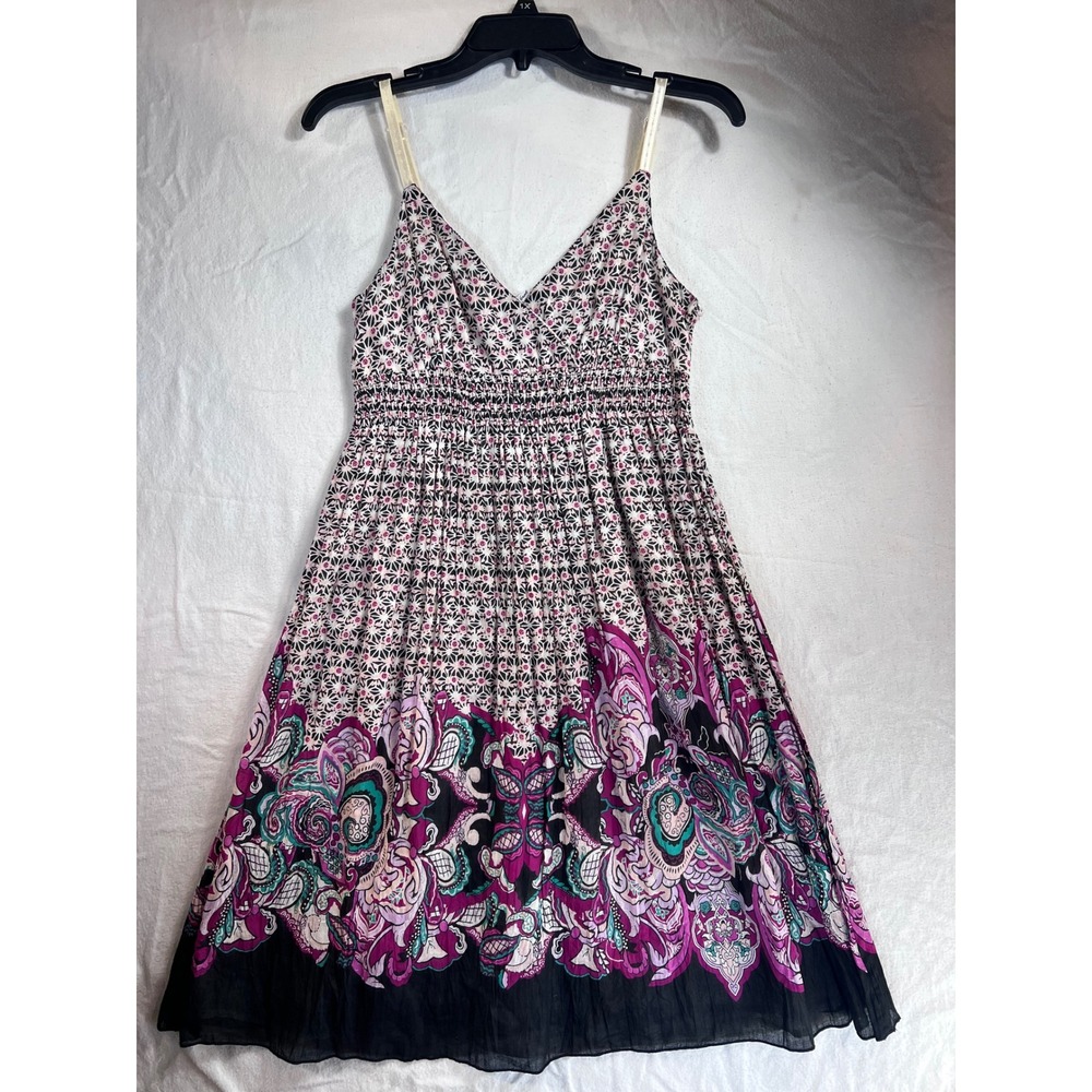 Derek Heart Womens Floral Paisley Smocked Cotton Sun Dress Pink Black Large